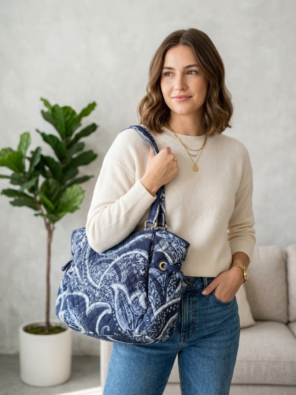 Vera Bradley Glenna Satchel Shoulder Bag Boho Navy Blue Paisley Quilted